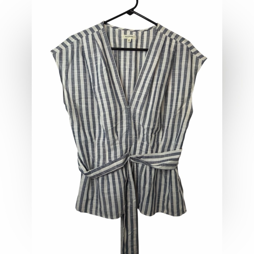 Max Studio blue and white striped sleeveless V-neck wrap blouse NWOT